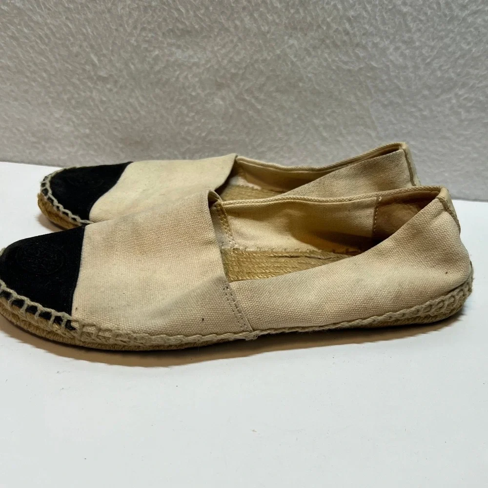 Tory Burch Espadrille Flats Black Toe Cap Beige Canvas Slip On Shoes‎ Size 8.5